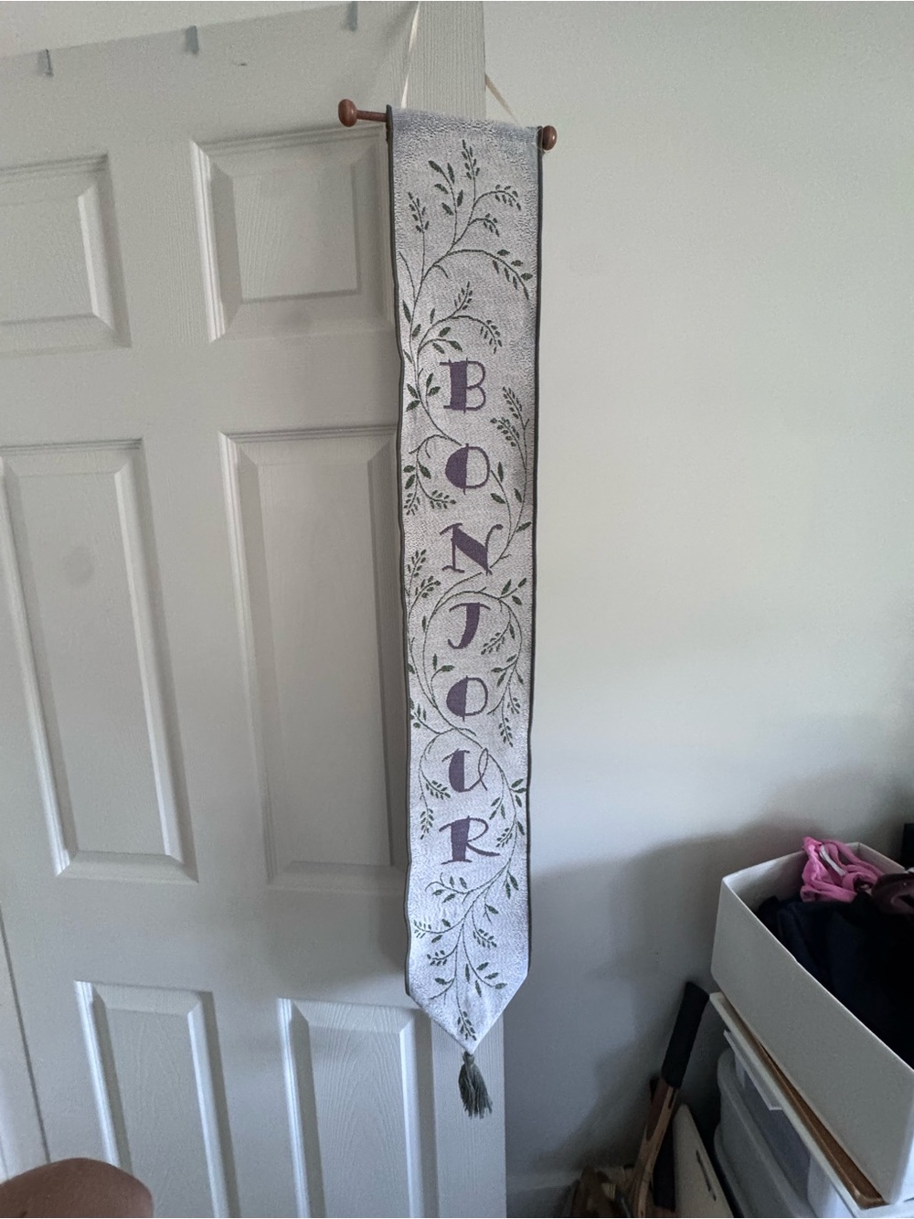 Bonjour Vertical Fabric Wall Hanging - White and Purple